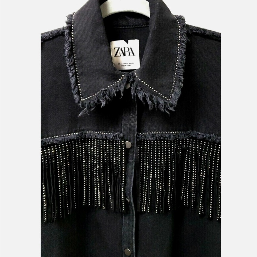 ZARA BLACK DENIM JEAN JACKET BLING* FRINGE WESTERN COWBOY~TAG XS(SEE BELOW S,M?